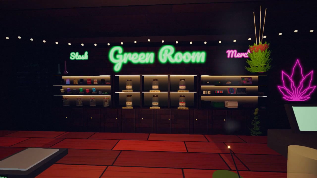 La salle secrète du jeu Green Room, avec son enseigne verte et son comptoir